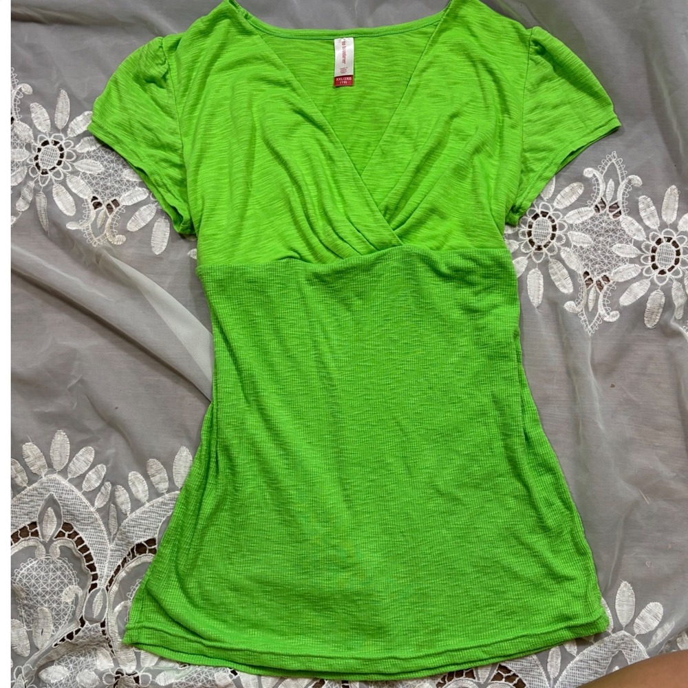Y2K Babydoll No Boundaries Lime Green Surplice V-Neck Slub Knit Top XXL